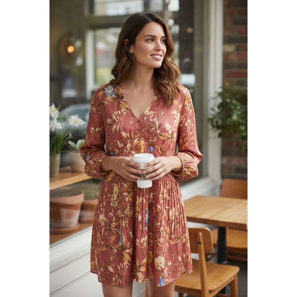 Express Floral Print V Neck Long Sleeve‎ Smocked Back Mini Dress Women's XL